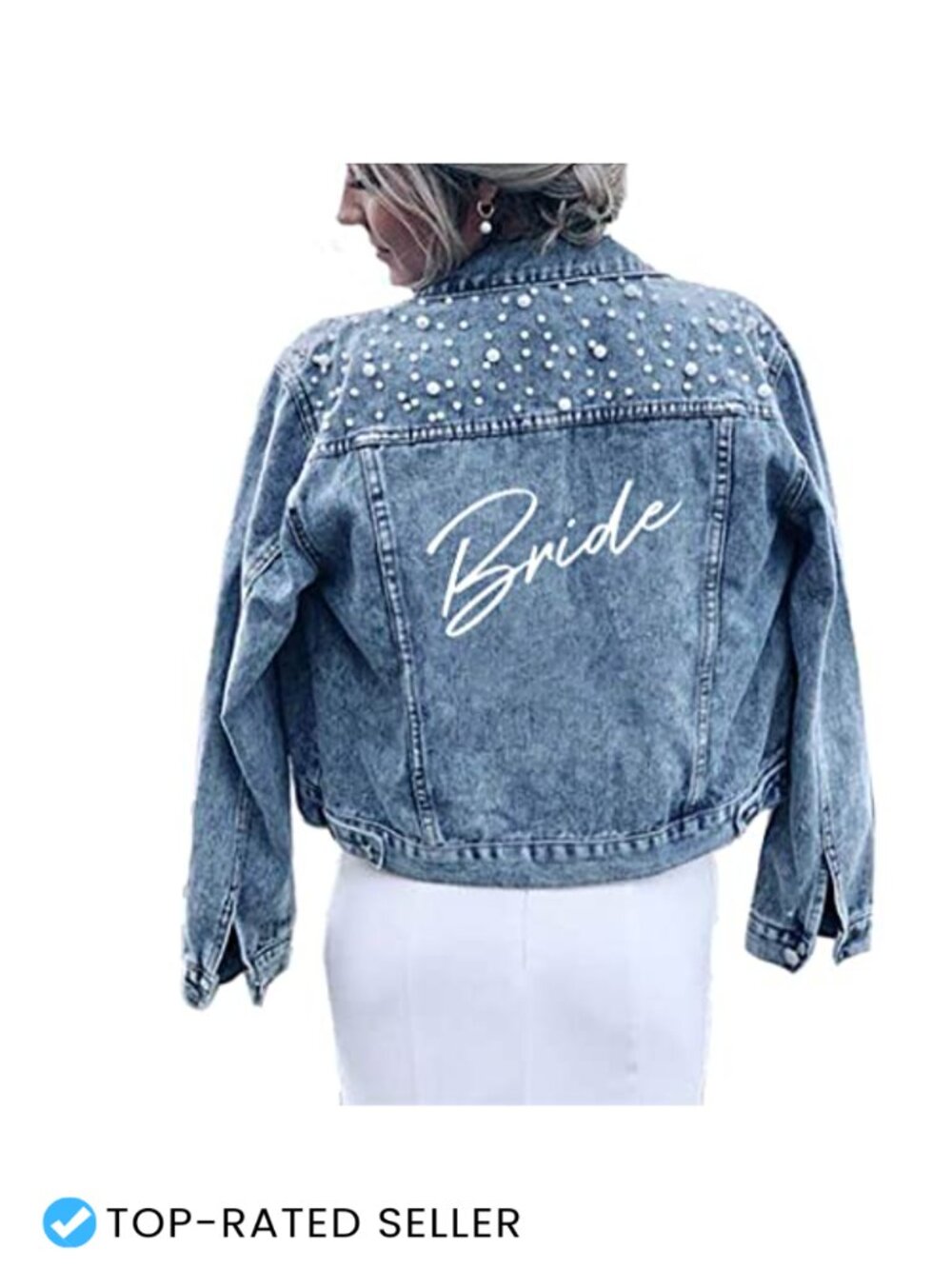 Custom Pearl Bride Denim Jacket Wedding Bachelorette Party Glitter
